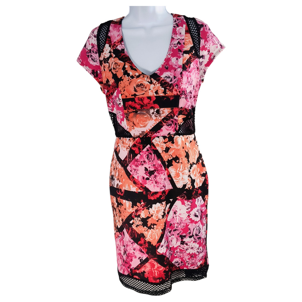 Bailey Blue Stretch Knit & Mesh Dress Women's Sz L Multicolor Floral Sort Sleeve - Picture 12 of 12